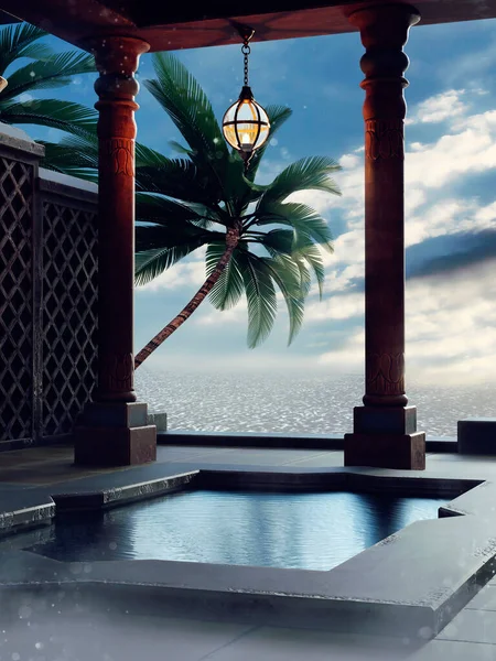 幻想场景与东方游泳池与悬挂灯与大海和蓝天在它后面 3D渲染 图库图片