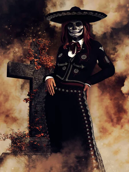 幻想中的墨西哥女人 戴着糖衣 站在十字架形状的墓碑旁边 3D渲染 — 图库照片