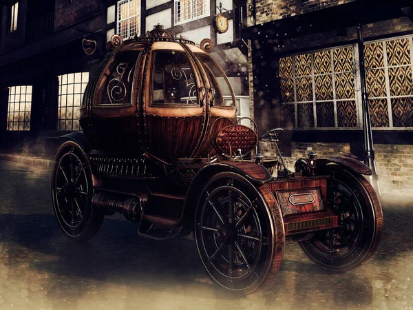 Fantasia Carro Steampunk Estacionado Frente Antigo Edifício Vitoriano Noite Renderização — Fotografia de Stock