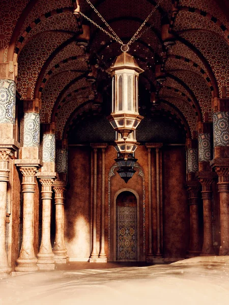 Fantaisie Ancien Temple Moyen Orient Avec Sol Couvert Sable Rendu — Photo