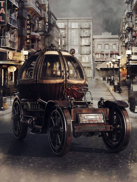 霧の多いビクトリア朝の町の通りにスチームパンクな車でファンタジーシーン 3Dレンダリング — ストック写真