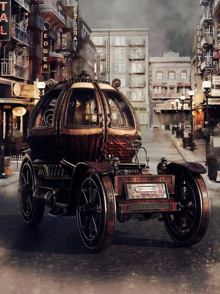 幻想场景 在一个雾蒙蒙的维多利亚小镇的街道上 有一辆蒸汽灌篮车 3D渲染 图库图片