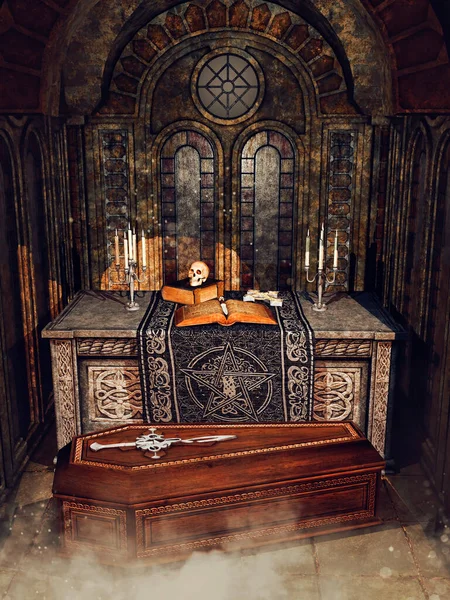 教堂里的幻想祭坛 旁边放着书籍 骷髅和棺材 3D渲染 免版税图库图片