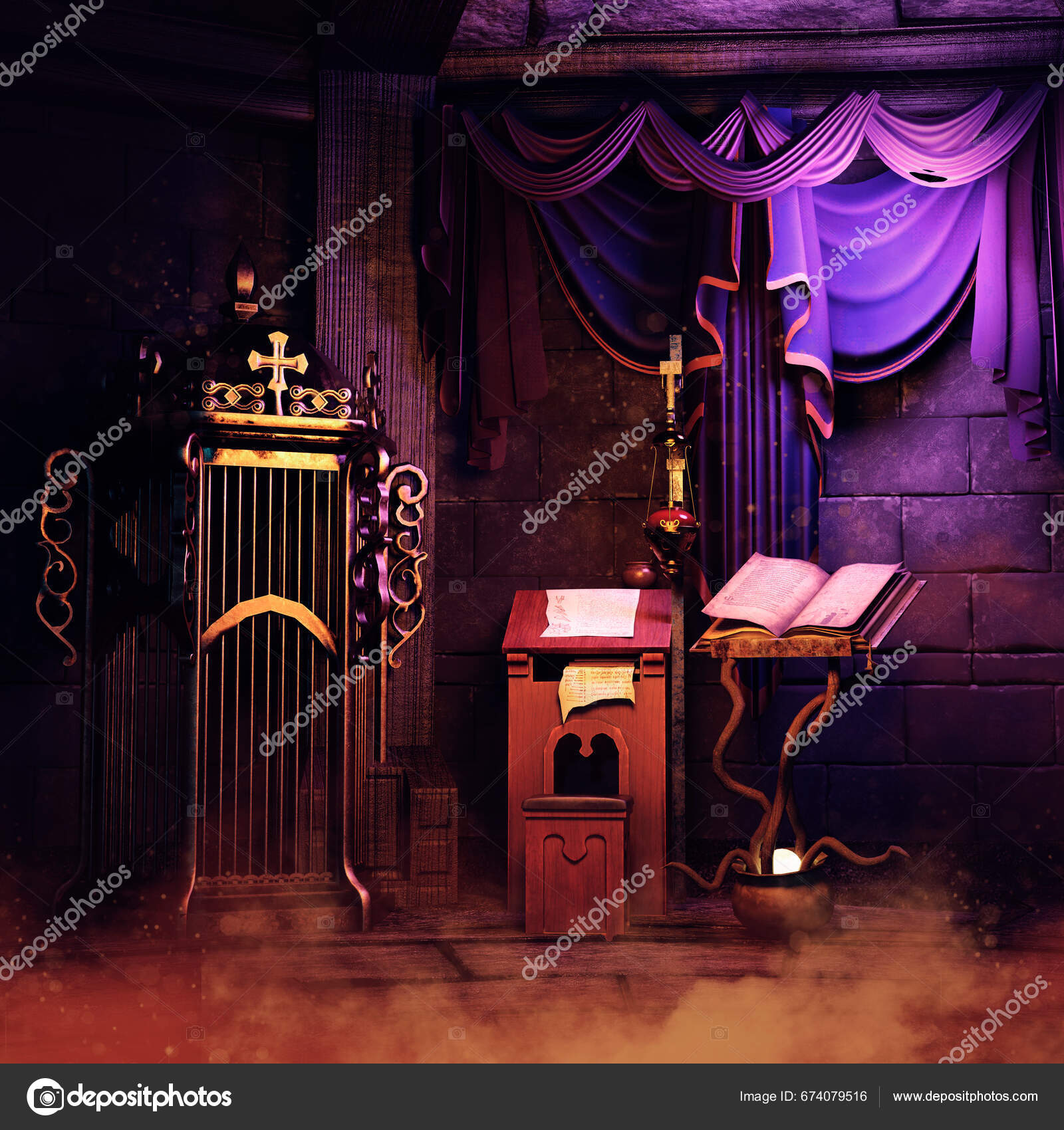Μαγικό Δωμάτιο Φαντασίας Ένα Βιβλίο Ξόρκια Ξύλινο Γραφείο Κουρτίνες Και —  Φωτογραφία Αρχείου © FairytaleDesign #674079516