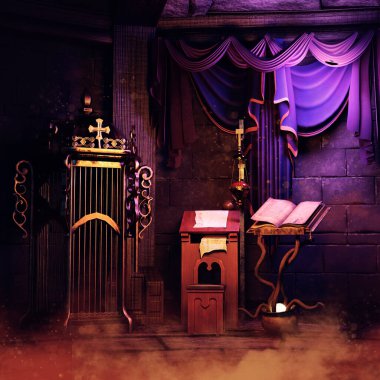 Büyü kitabı, ahşap masa, perdeler ve kafesi olan sihirli bir fantezi odası. 3 Boyutlu Hazırlama.