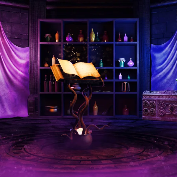 Fantasy Sorcerer Chamber Open Book Spell Bookshelf Magic Potions Render — Stock Photo, Image