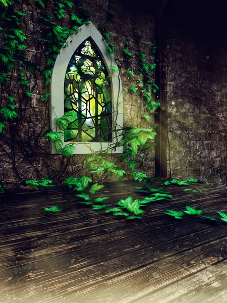 Escena Gótica Con Una Antigua Ventana Ornamentada Con Hiedra Verde Imágenes de stock libres de derechos