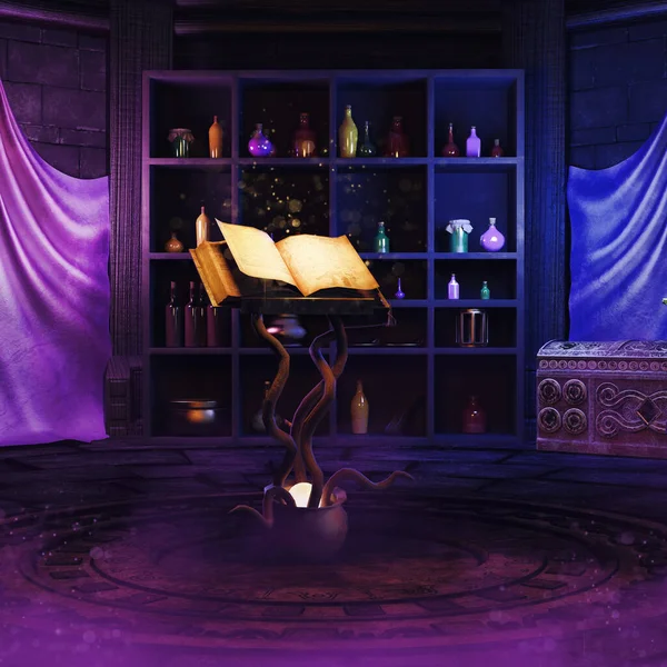 幻想魔法师的房间里有一本打开的魔法书和一个装有魔法药水的书架 3D渲染 图库图片