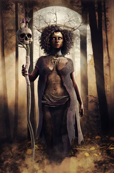 幻想场景 一个部落女巫牵着一个头盖骨的工作人员 夜晚站在黑暗的森林里 3D渲染 免版税图库照片