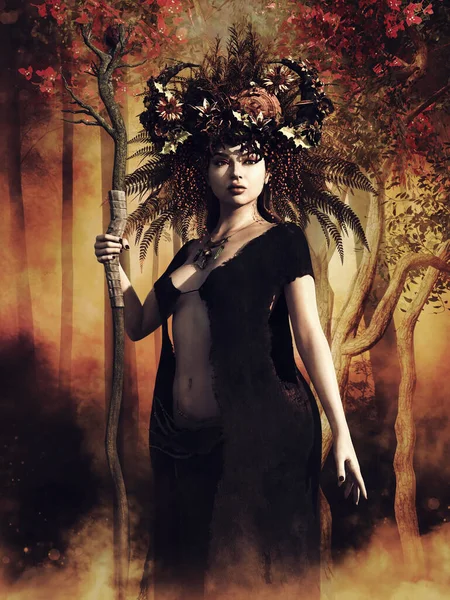 Fantasy Scene Autumn Sorceress Holding Tree Staff Standing Colorful Forest — Stock Photo, Image