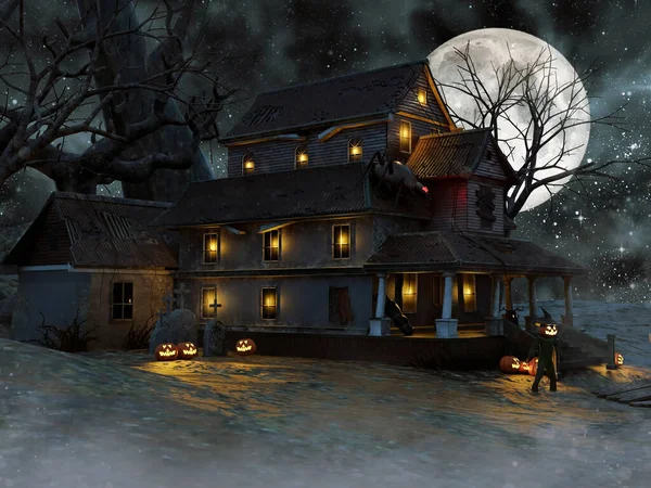 Noční Scéna Fantasy Strašidelným Domem Halloween Dýněmi Zářícími Okny Vykreslení — Stock fotografie