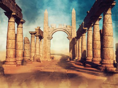 Günbatımında çölde eski bir Mısır tapınağının kalıntılarını gösteren fantezi sahnesi. Üç boyutlu elementlerden ve boyalı parçalardan yapılmış. Kullanılan yapay zeka yok. 