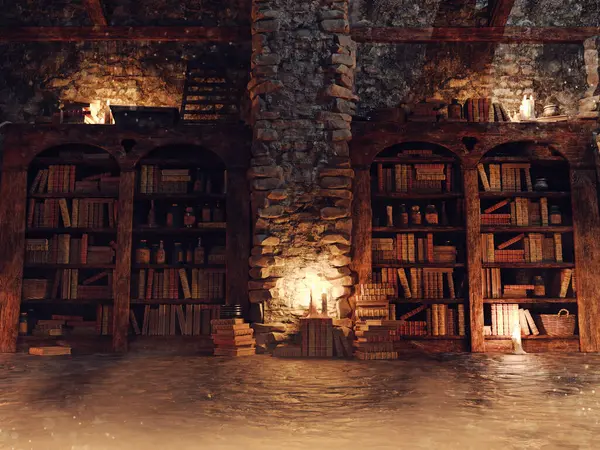 Fantasy scene with a dark library in a medieval castle with lots of old books. Made from 3d elements and painted parts. No AI used.
