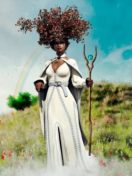 幻想春天的仙女站在草地上 春花五彩缤纷 彩虹斑斓 由3D元件和油漆零件制成 没有使用人工智能 图库图片