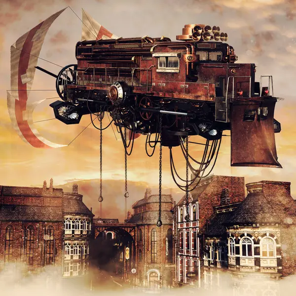 Fantasy Steampunk Flying Machine Street Old Town Industrial Buildings Made Stock Image