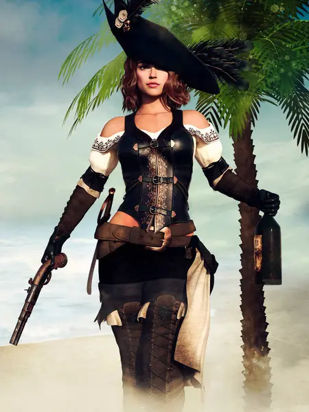 幻想海盗女孩在荒岛上拿着手枪和一瓶朗姆酒 采用3D资源和彩绘元素制成 没有使用人工智能 免版税图库照片