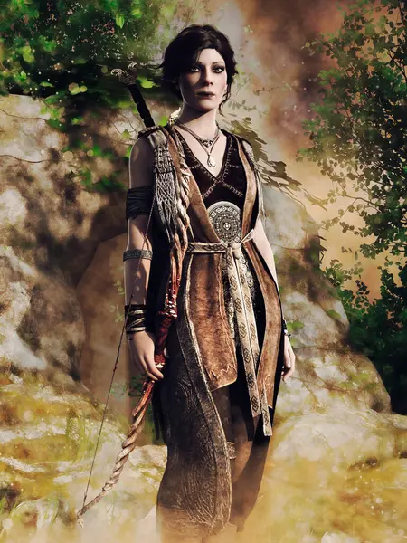 日没に森に立っている弓と矢を持つファンタジーアーチャーの女性 3Dリソースと塗装された要素で作られています 使用していないAi ロイヤリティフリーのストック写真