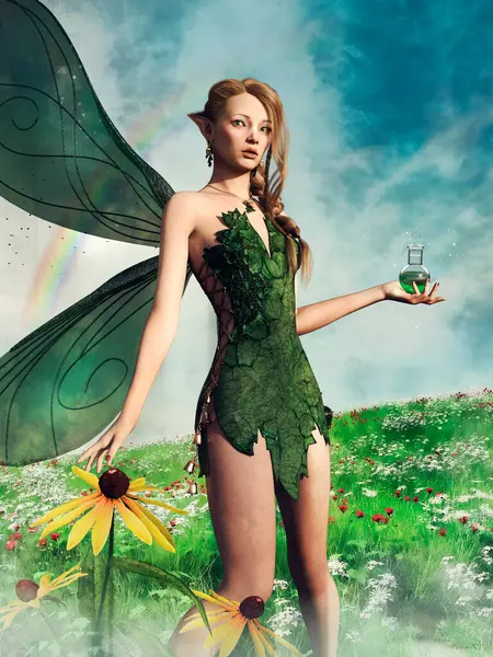 スプリングフェアリーは魔法のポーションでボトルを保持し 緑の開花した牧草地に立っています 3Dリソースと塗装された要素で作られています 使用していないAi ロイヤリティフリーのストック画像