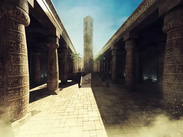 Escena Brumosa Con Antiguo Templo Egipcio Con Columnas Jeroglíficos Hecho Imagen De Stock