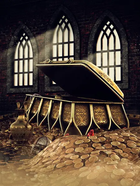 Фантастична Середньовічна Кімната Скарбами Піратів Включаючи Золоті Монети Ювелірні Вироби Ліцензійні Стокові Фото