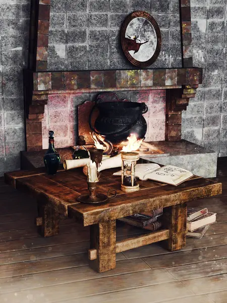 本とスクロールとカルドロンが付いている暖炉が付いている木製のテーブルが付いている幻想的な部屋 3Dリソースと塗装された要素で作られています 使用していないAi ストック写真