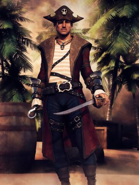 Issız bir adada duran bir el yerine elinde kürek ve kanca olan fantezi bir korsan. Üç boyutlu kaynaklar ve boyalı elementlerle yapılmış. Kullanılan yapay zeka yok. 