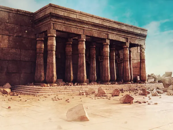 古埃及庙宇的废墟 包括在沙漠中的一堵墙 柱子和石像 采用3D资源和彩绘元素制成 没有使用人工智能 图库照片