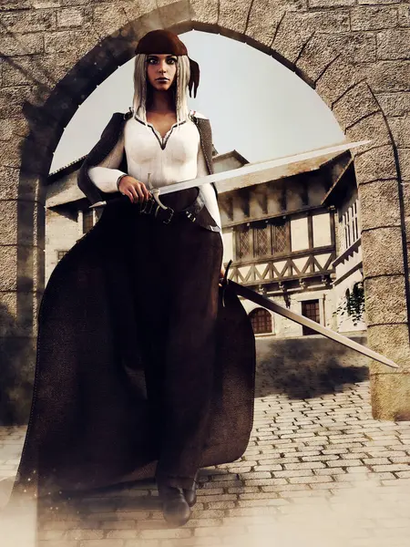 一个海盗女孩拿着一把长剑站在一座中世纪古城的大门口 采用3D资源和彩绘元素制成 没有使用人工智能 免版税图库照片