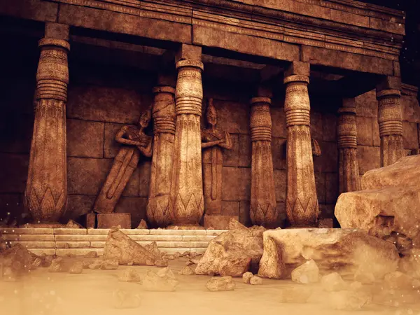 古埃及庙宇被毁的墙壁 有石像 柱子和楼梯 采用3D资源和彩绘元素制成 没有使用人工智能 图库照片