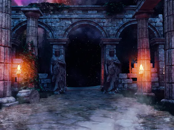 Fantasieruinen Der Nacht Mit Steinernen Frauenstatuen Säulen Und Brennenden Fackeln Stockbild