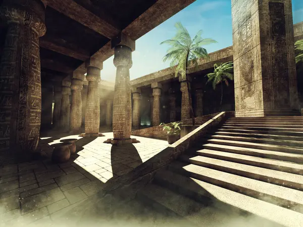 古埃及庙宇的幻想宫殿 有柱子和棕榈树 采用3D资源和彩绘元素制成 没有使用人工智能 免版税图库图片
