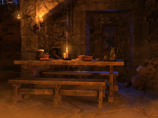 在一个古老的中世纪幻想小酒馆里的木制桌子上 有长椅 蜡烛和啤酒 采用3D资源和彩绘元素制成 没有使用人工智能 免版税图库图片