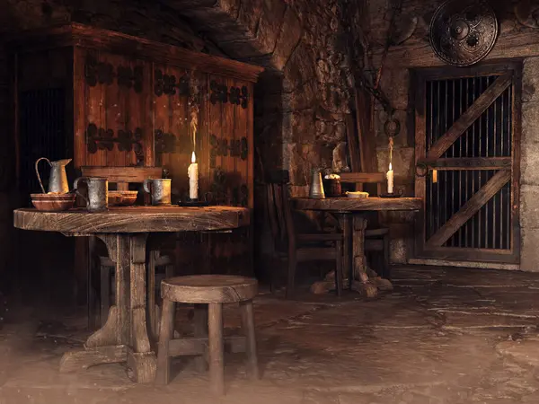 Fantasievolles Interieur Einer Mittelalterlichen Taverne Mit Holztischen Kerzen Und Staub Stockbild