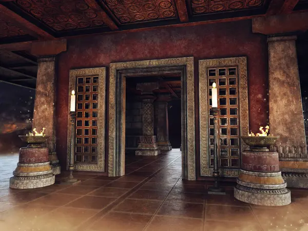 Escena Fantasía Con Una Entrada Templo Con Quemadores Velas Cajas Imagen de archivo