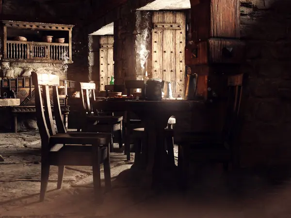 Φανταστική Σκηνή Μεσαιωνική Ταβέρνα Τραπέζι Καρέκλα Πόρτα Και Ξύλινο Πάγκο Φωτογραφία Αρχείου