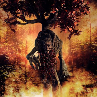 Renkli bir ormanda yaprakları olan fantezi bir ağaç yaratığıyla sonbahar sahnesi. Üç boyutlu kaynaklar ve boyalı elementlerle yapılmış. Kullanılan yapay zeka yok. 