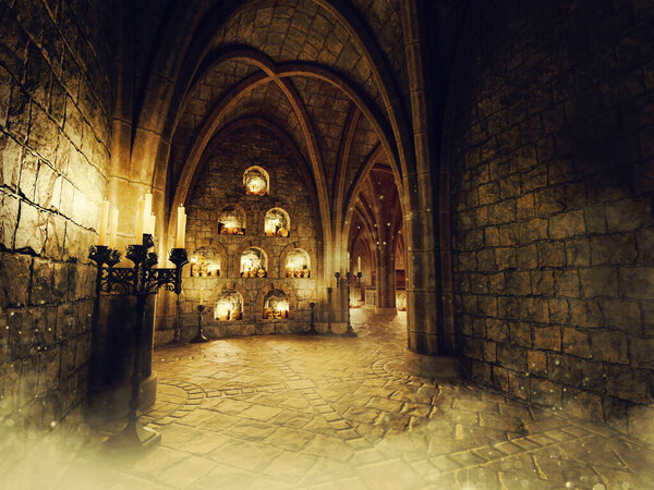 Spooky corridor in a gothic crypt with skulls, columns and candelabras. Made with 3d resources and painted elements. No AI used.