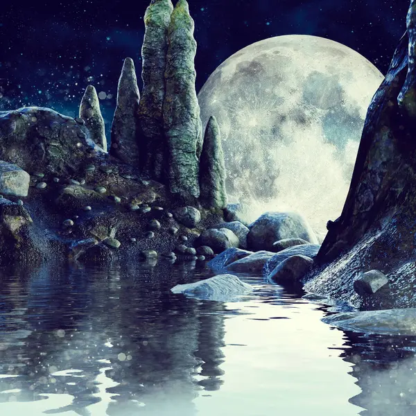 stock image Fantasy scene with rocks on the sides of a river at night, with the huge full moon in the background. Made with 3d resources and painted elements. No AI used. 