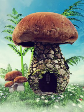 Daha küçük mantarlı fantezi mantar kulübesi ve çiçek açan bir çayırda büyük eğreltiotu yaprakları. Üç boyutlu kaynaklar ve boyalı elementlerle yapılmış. Kullanılan yapay zeka yok. 