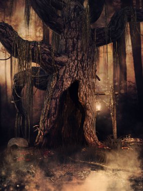 Önünde karanlık bir giriş ve fener olan eski bir fantezi ağacı olan karanlık bir orman. 3 boyutlu görüntüleme. Üç boyutlu kaynaklar ve boyalı elementlerle yapılmış. Kullanılan yapay zeka yok. 