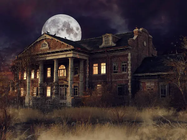 stock image Old Victorian mansion with dead grass and vines at night with the full moon behind it. 3D render. Made with 3d resources and painted elements. No AI used. 