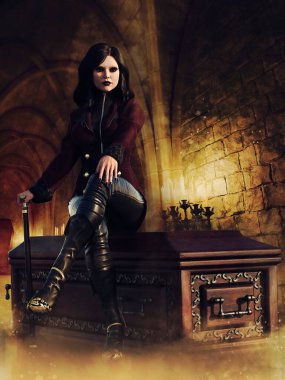 Karanlık gotik bir mahzende mumlarla aydınlatılmış tabutta oturan ürkünç vampir kız. 3 boyutlu görüntüleme. Üç boyutlu kaynaklardan ve boyalı elementlerden yapılmış. Kullanılan yapay zeka yok.