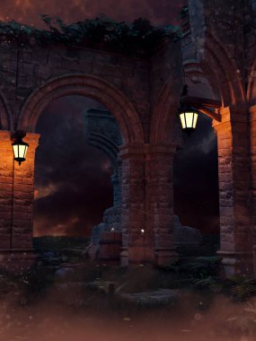 Gece karanlığında fenerli eski gotik kalıntılar ve taş kemerler yok edildi. 3 boyutlu görüntüleme. Üç boyutlu kaynaklardan ve boyalı elementlerden yapılmış. Kullanılan yapay zeka yok.