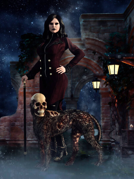 Spooky vampire woman standing among gothic ruins with a monstrous dog with a human skull. 3D render. Made from 3D resources and painted elements. No AI used.