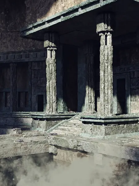 Taş basamakları, kolonları ve kemerleri olan eski bir Mısır tapınağının kalıntıları. 3 boyutlu görüntüleme. Üç boyutlu kaynaklardan ve boyalı elementlerden yapılmış. Kullanılan yapay zeka yok.