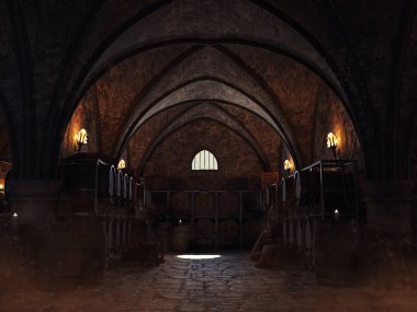 Ortaçağ şarap mahzeni. Tahta fıçılar, çuval bezleri ve yanan meşalelerle dolu. Üç boyutlu kaynaklardan ve boyalı elementlerden yapılmış. Kullanılan yapay zeka yok. 