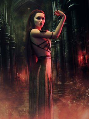 Karanlık bir ortaçağ koridorunda kırmızı sisle çevrili bir yılan oynatıcısı fantezisi. Üç boyutlu kaynaklardan ve boyalı elementlerden yapılmış. Yapay zeka kullanılmamış. Kadın 3 boyutlu bir obje.. 