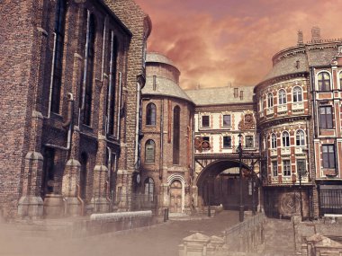 Victoria döneminden kalma bir fantezi kasabasındaki Steampunk binaları. Lambaları ve steampunk süslemeleri var. Üç boyutlu kaynaklardan ve boyalı elementlerden yapılmış. Kullanılan yapay zeka yok. 