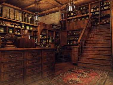 Ortaçağ büyü dükkanı, iksirleri, kitapları ve büyüleri, ahşap bir tezgahı ve rafları var. Üç boyutlu kaynaklardan ve boyalı elementlerden yapılmış. Kullanılan yapay zeka yok. 