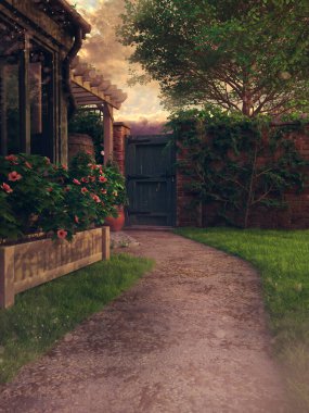 Gün batımında yeşil asmalar, ağaçlar ve çitin içinde ahşap bir kapı olan bir yaz bahçesinde yol. Resim 3 boyutlu kaynaklar ve boyalı elementlerle yapıldı. Kullanılan yapay zeka yok.